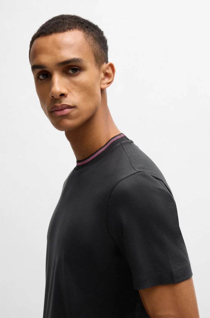 BOSS MERCERIZED-COTTON SLIM-FIT T-SHIRT WITH COLLAR STRIPE
