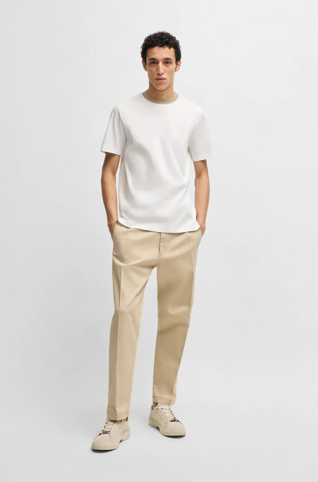 BOSS MERCERIZED-COTTON SLIM-FIT T-SHIRT WITH COLLAR STRIPE