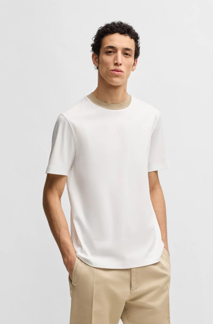 BOSS MERCERIZED-COTTON SLIM-FIT T-SHIRT WITH COLLAR STRIPE
