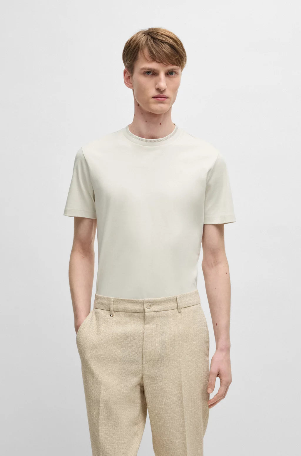 BOSS MERCERIZED-COTTON SLIM-FIT T-SHIRT WITH COLLAR STRIPE