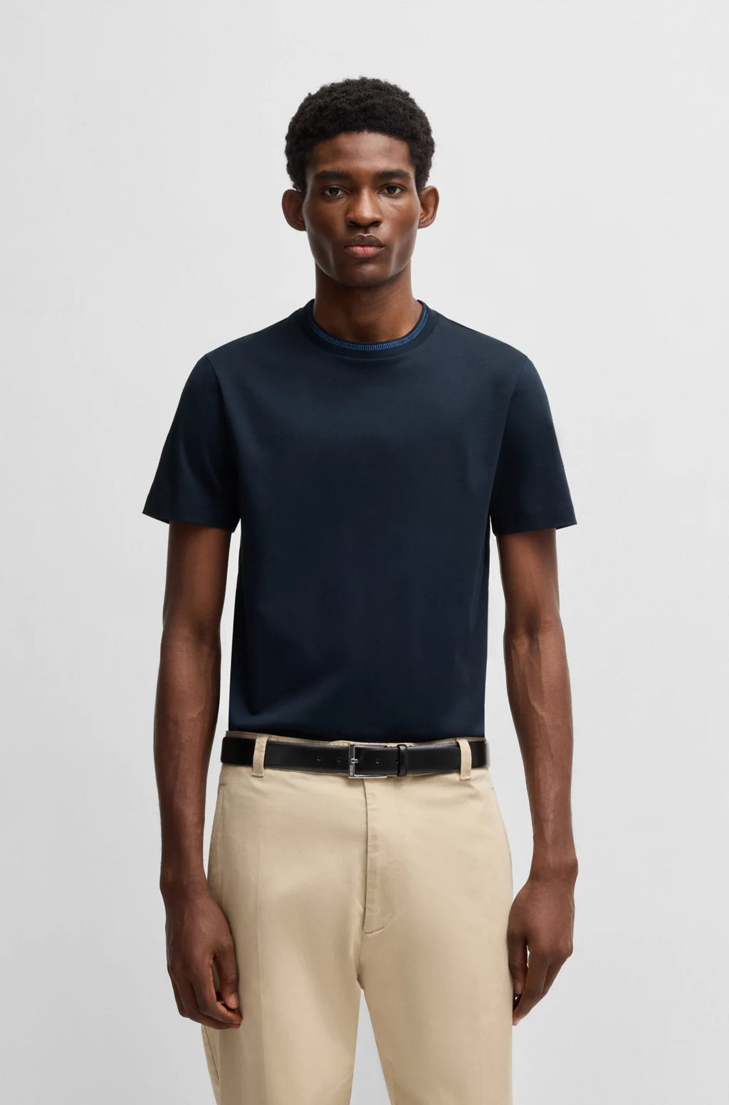 BOSS MERCERIZED-COTTON SLIM-FIT T-SHIRT WITH COLLAR STRIPE