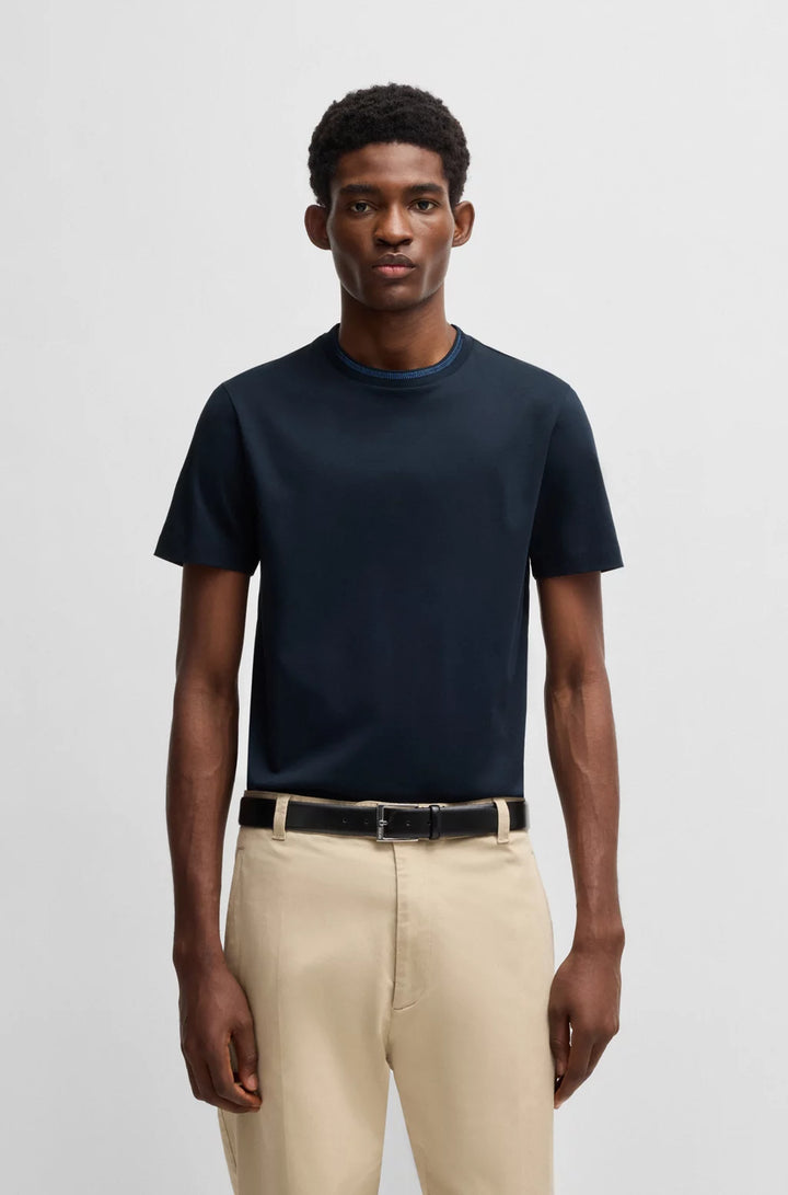 BOSS MERCERIZED-COTTON SLIM-FIT T-SHIRT WITH COLLAR STRIPE