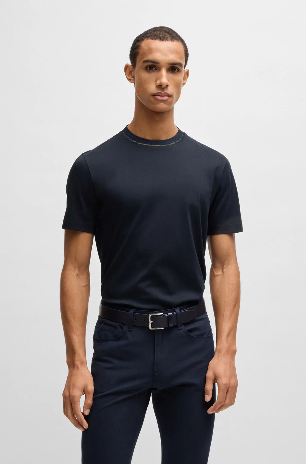 BOSS MERCERIZED-COTTON SLIM-FIT T-SHIRT WITH COLLAR STRIPE