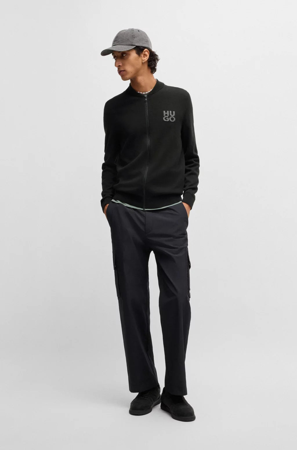 HUGO Zip-up cardigan in cotton with stacked logo