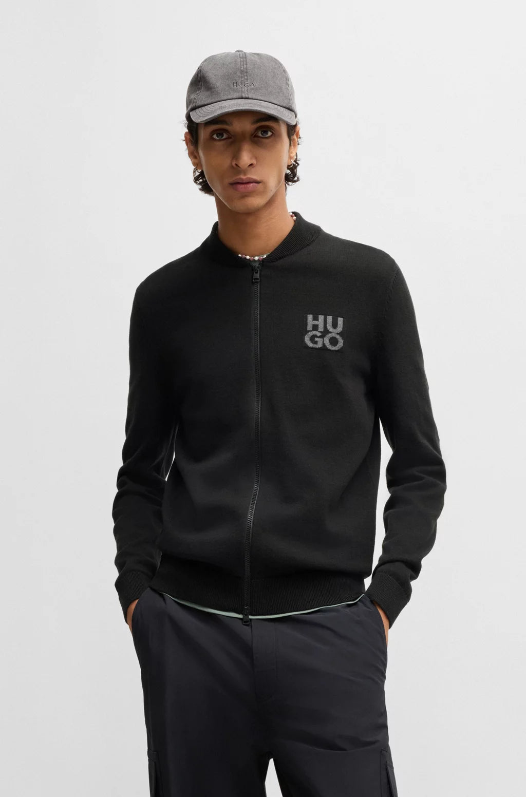 HUGO Zip-up cardigan in cotton with stacked logo