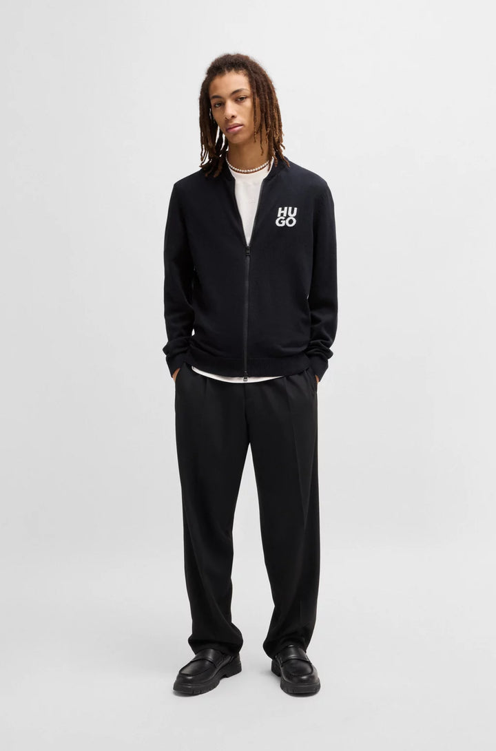 HUGO Zip-up cardigan in cotton with stacked logo