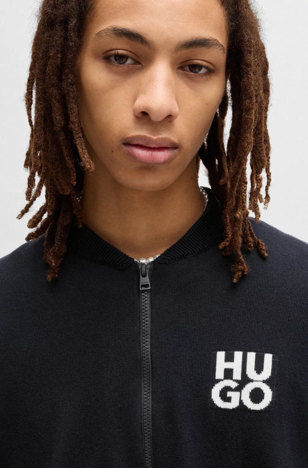 HUGO Zip-up cardigan in cotton with stacked logo