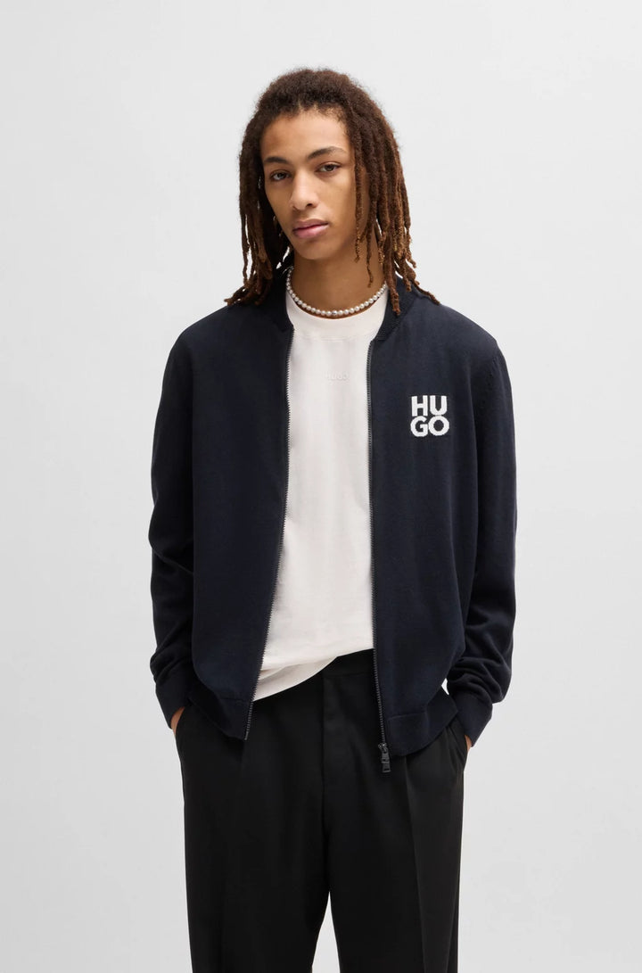 HUGO Zip-up cardigan in cotton with stacked logo