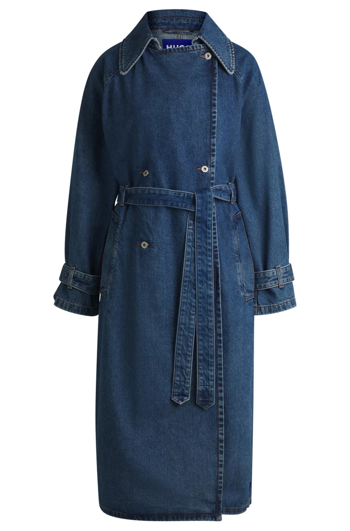 HUGO DOUBLE-BREASTED TRENCH COAT IN DARK-BLUE DENIM