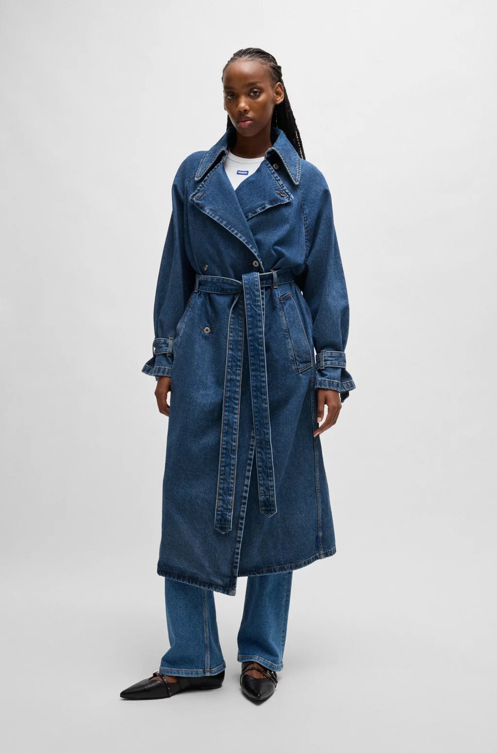HUGO DOUBLE-BREASTED TRENCH COAT IN DARK-BLUE DENIM
