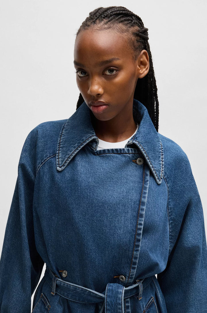 HUGO DOUBLE-BREASTED TRENCH COAT IN DARK-BLUE DENIM