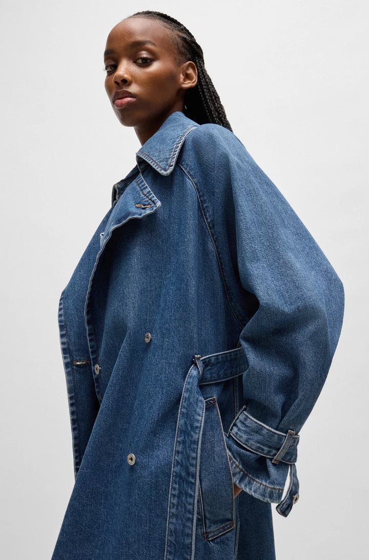 HUGO DOUBLE-BREASTED TRENCH COAT IN DARK-BLUE DENIM