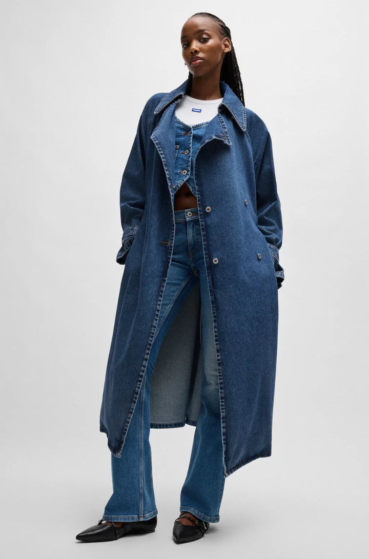 HUGO DOUBLE-BREASTED TRENCH COAT IN DARK-BLUE DENIM