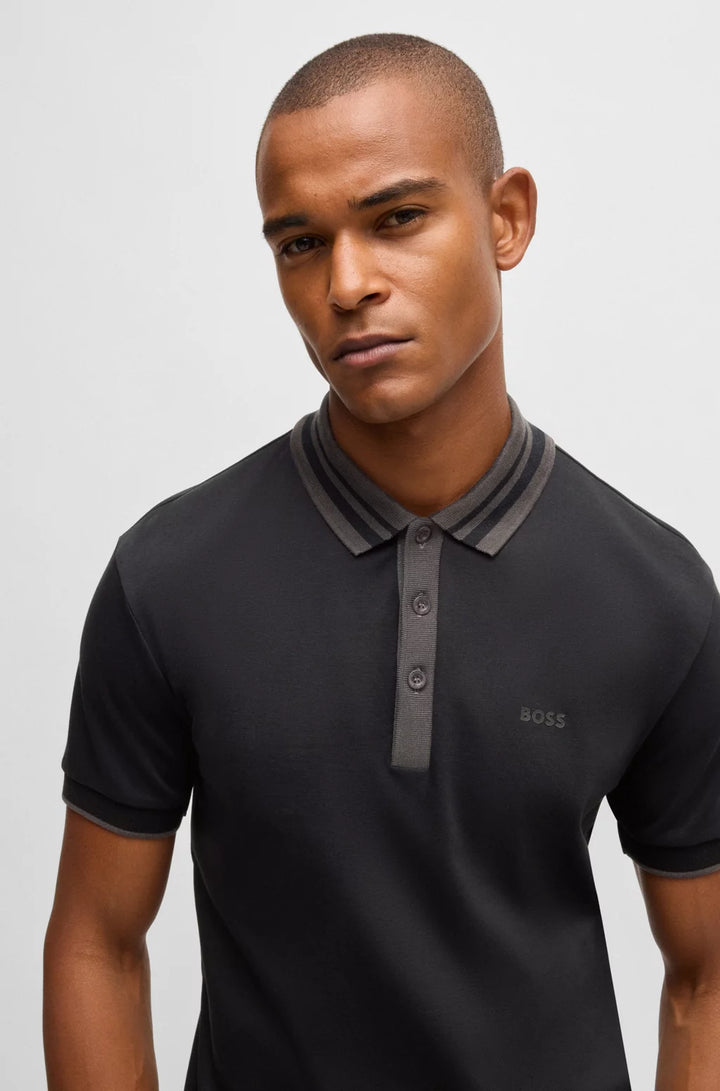 BOSS Interlock-cotton polo shirt with striped collar