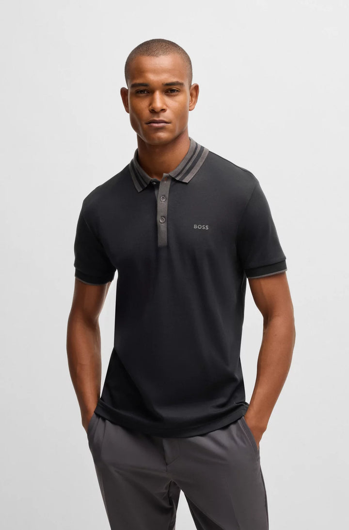 BOSS Interlock-cotton polo shirt with striped collar
