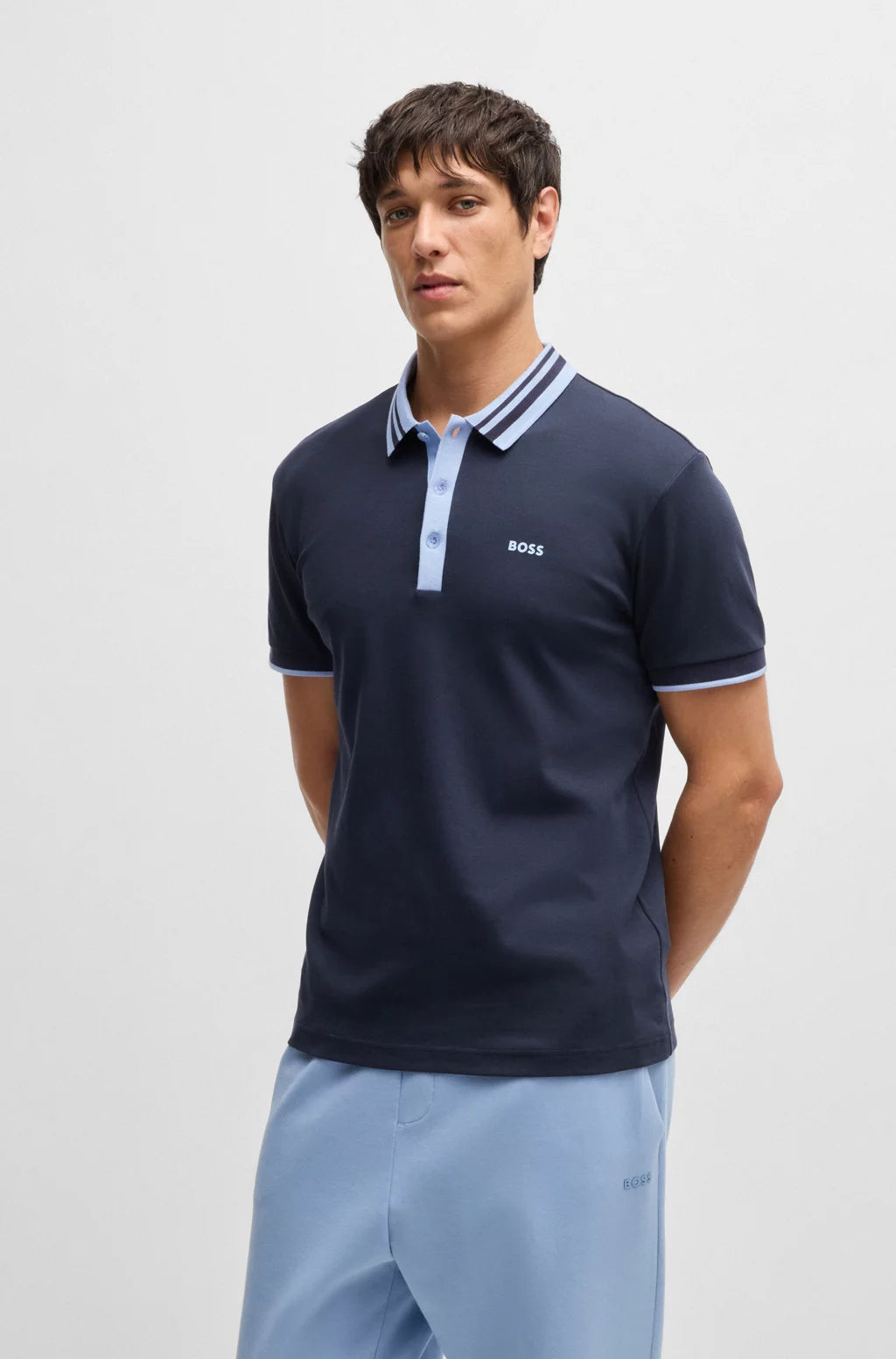 BOSS Interlock-cotton polo shirt with striped collar