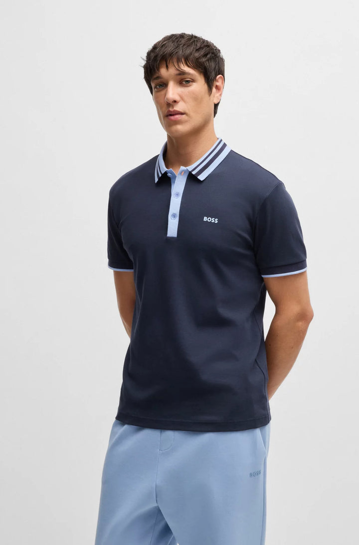 BOSS Interlock-cotton polo shirt with striped collar