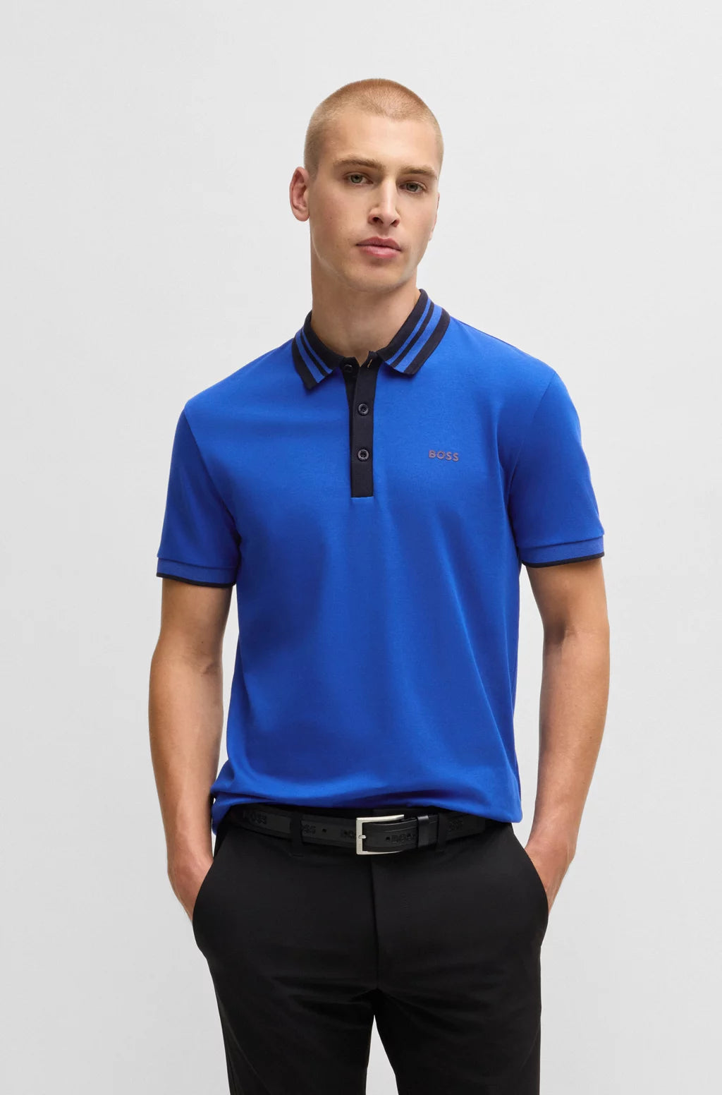 BOSS Interlock-cotton polo shirt with striped collar