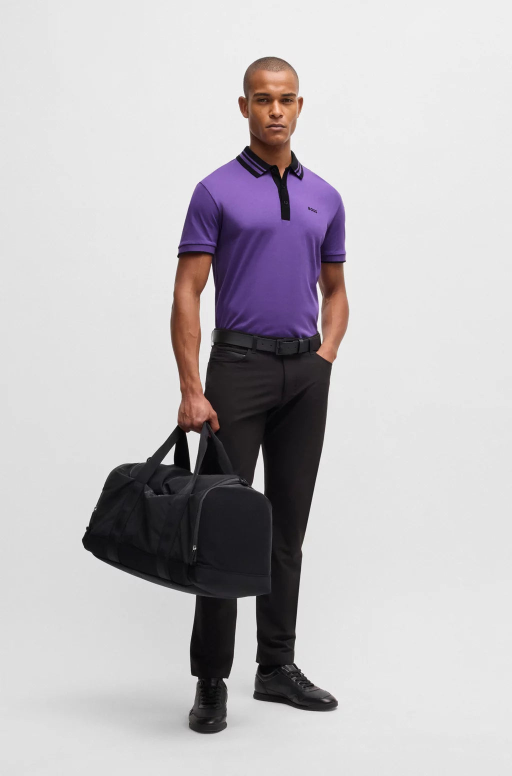 BOSS Interlock-cotton polo shirt with striped collar