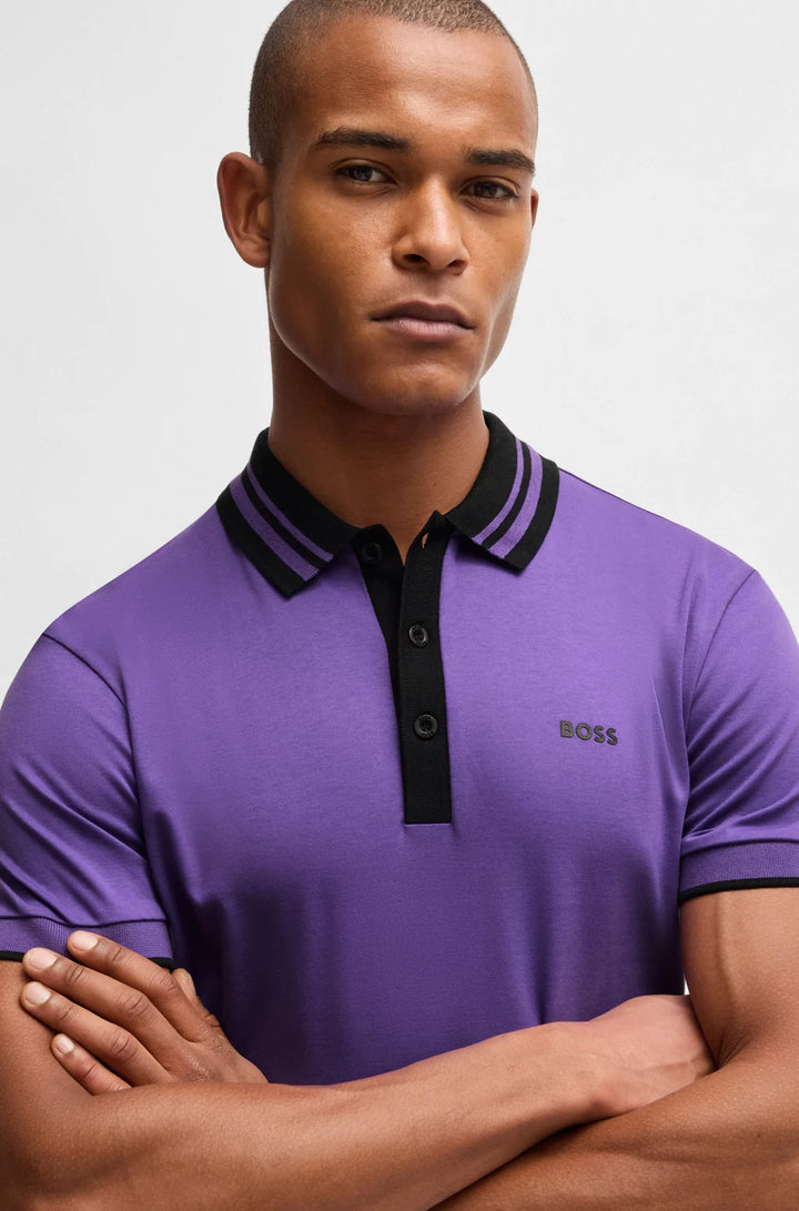 BOSS Interlock-cotton polo shirt with striped collar