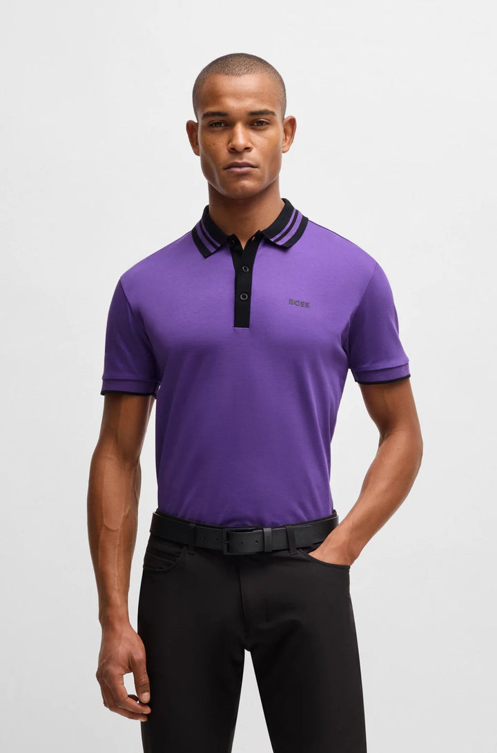 BOSS Interlock-cotton polo shirt with striped collar