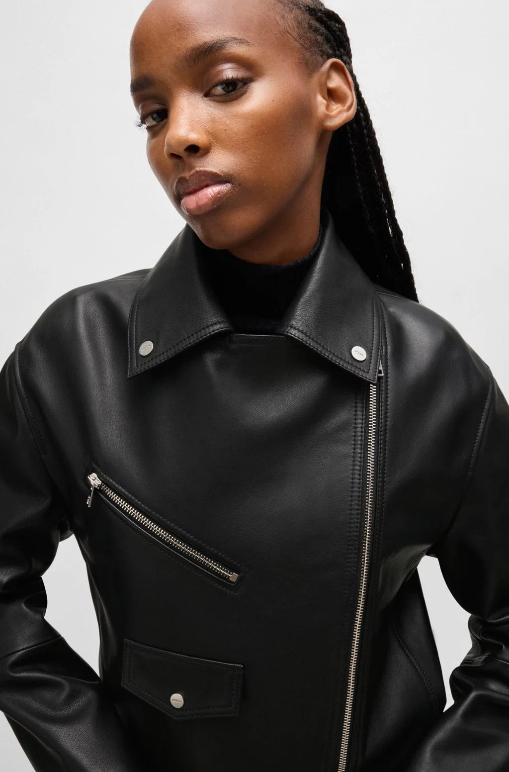 HUGO LEATHER BIKER JACKET WITH ZIPPED SLEEVES