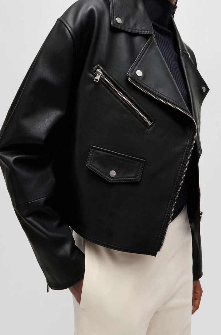HUGO LEATHER BIKER JACKET WITH ZIPPED SLEEVES