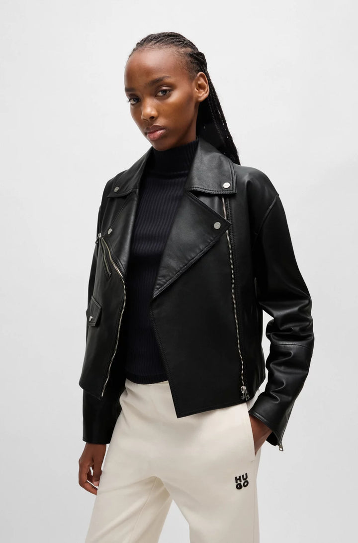 HUGO LEATHER BIKER JACKET WITH ZIPPED SLEEVES