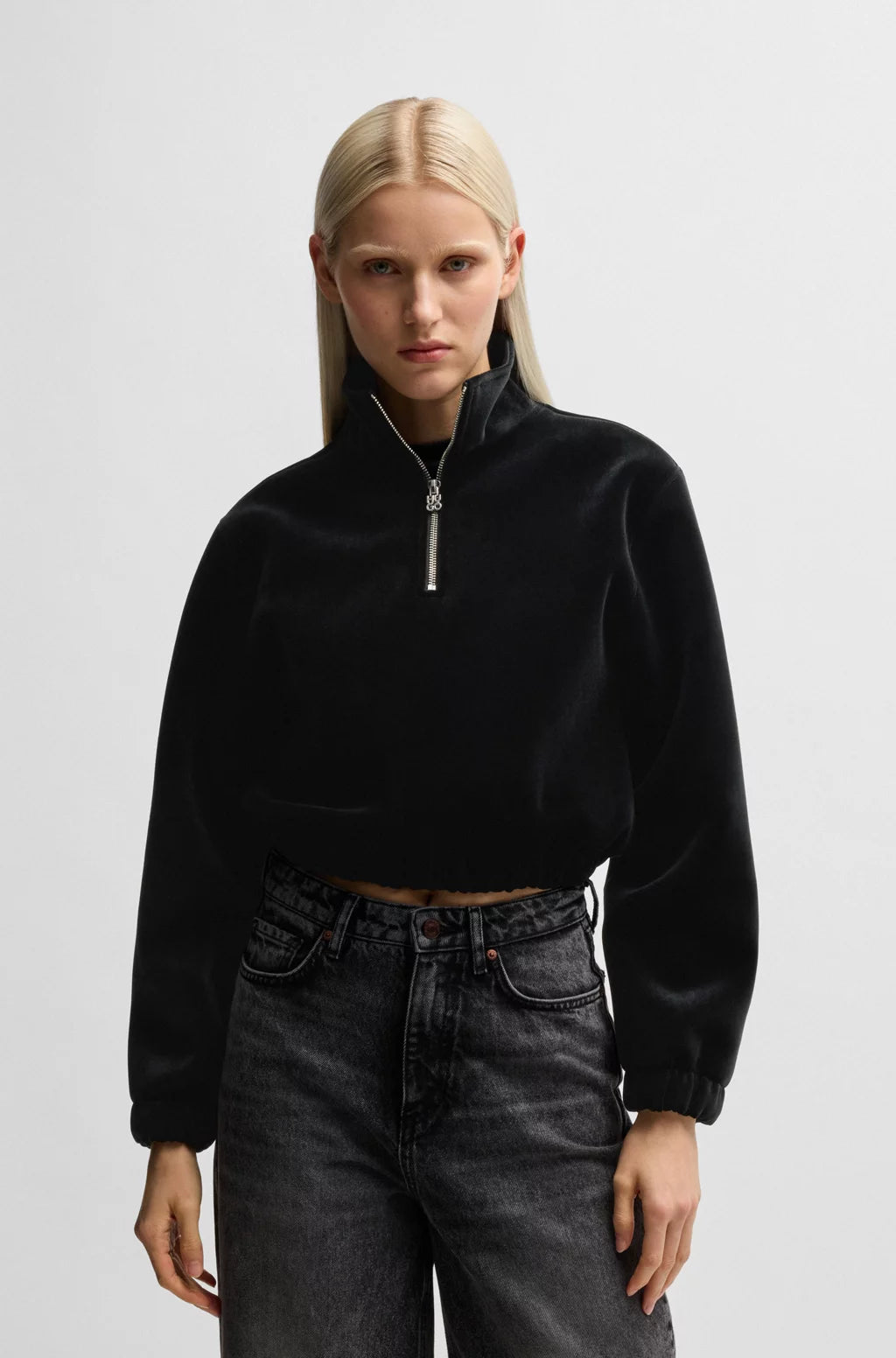 HUGO RELAXED-FIT ZIP-NECK SWEATSHIRT IN STRETCH VELVET