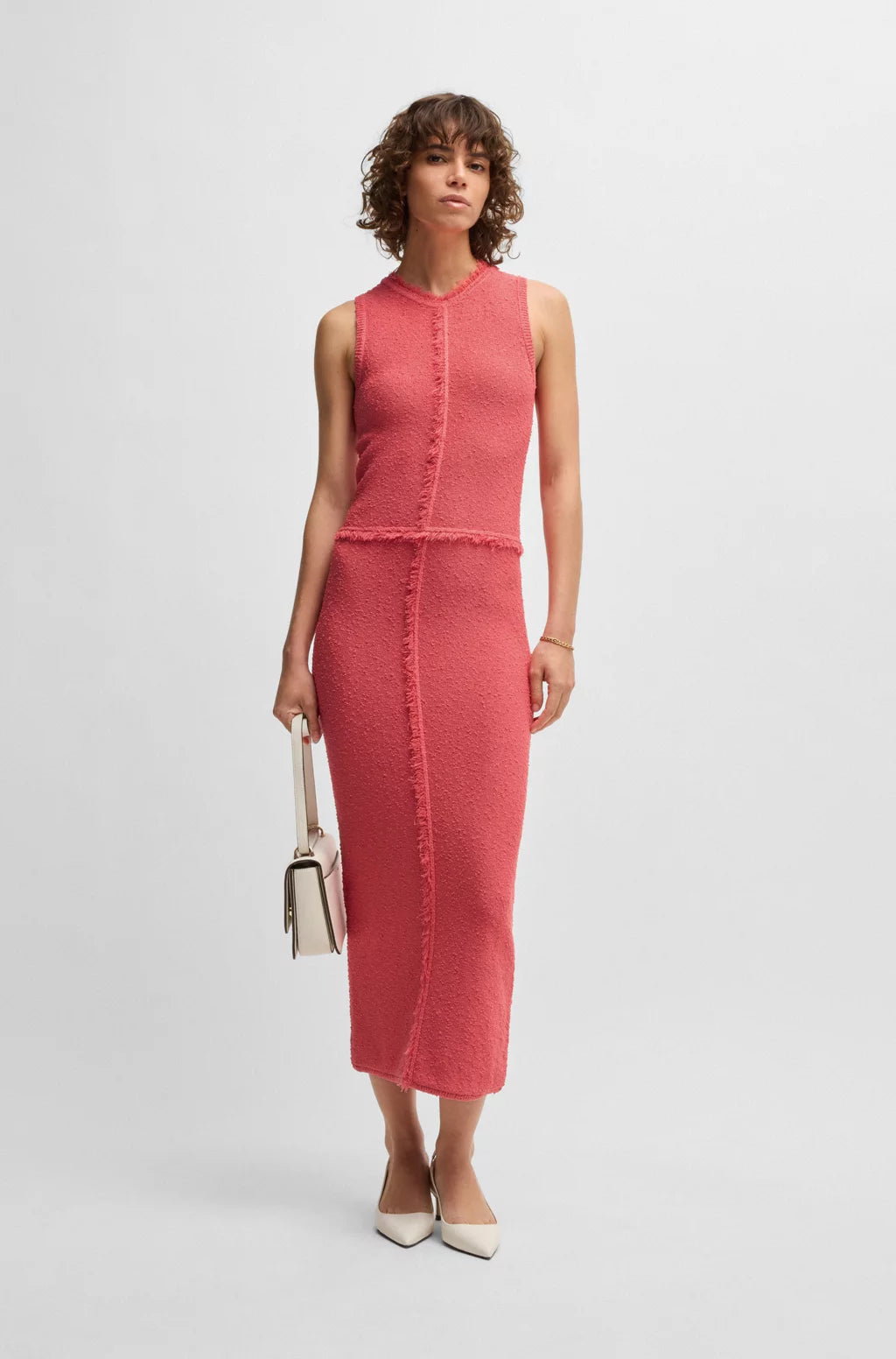 BOSS SLEEVELESS KNITTED DRESS WITH FRINGE TRIMS
