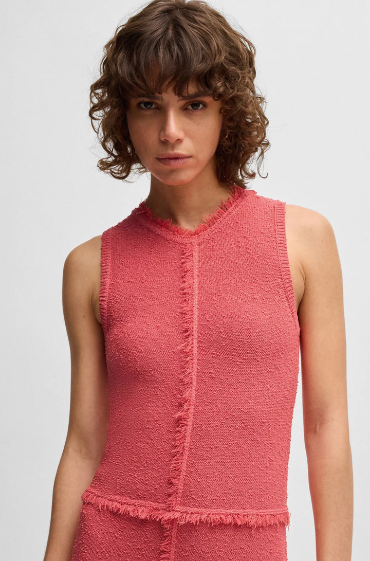 BOSS SLEEVELESS KNITTED DRESS WITH FRINGE TRIMS