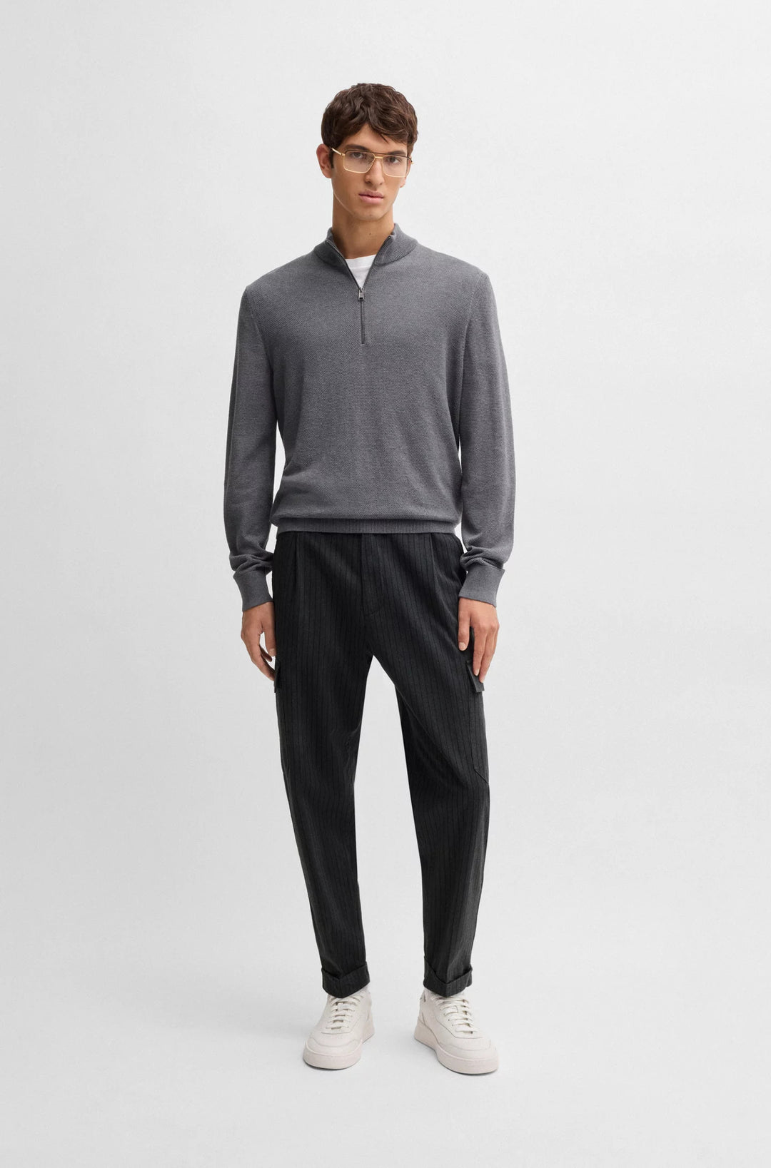 Boss Tapered-fit trousers in striped brushed cotton