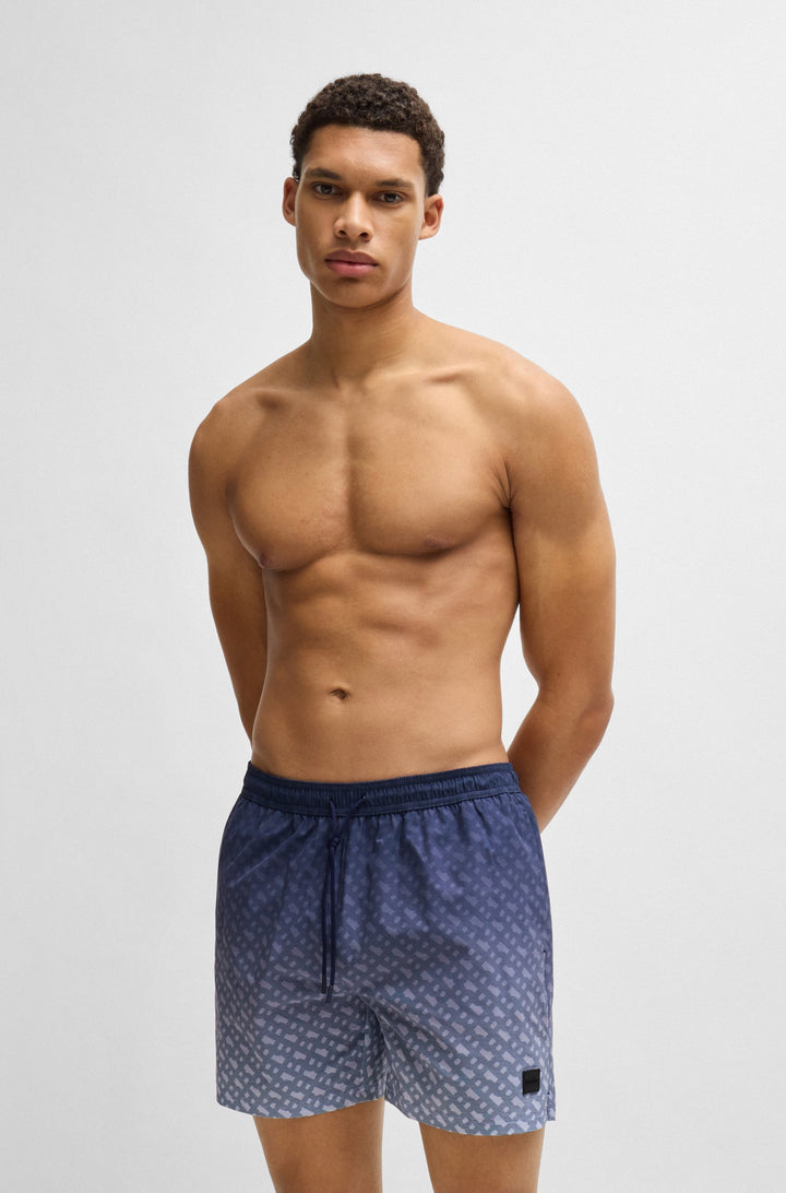 Boss Logo-badge swim shorts with degradé monogram print