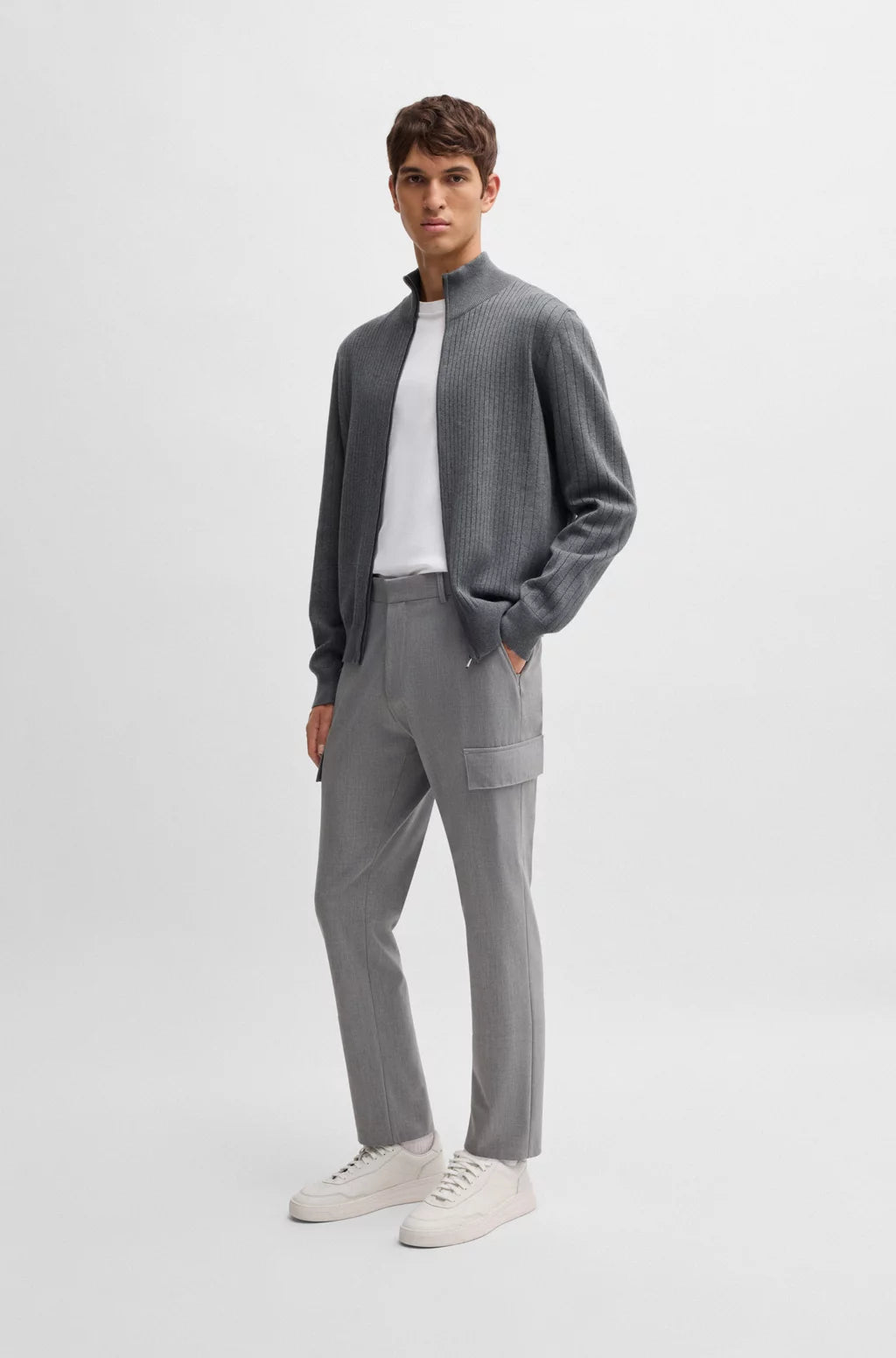BOSS Zip-up cotton cardigan with knitted pinstripes