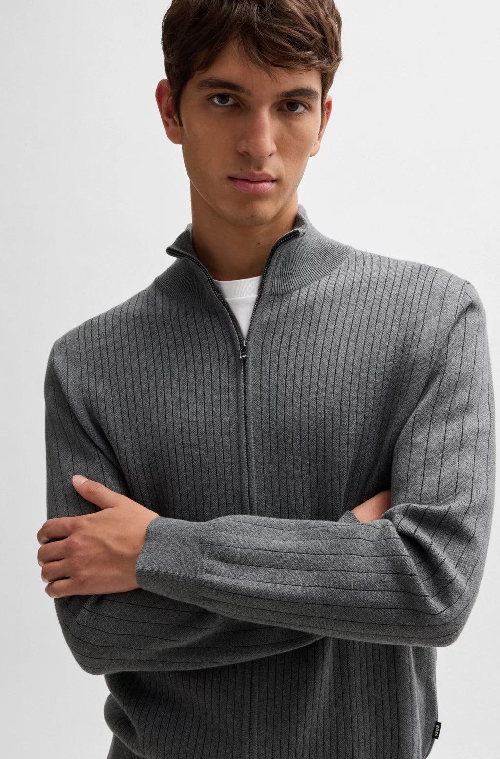 BOSS Zip-up cotton cardigan with knitted pinstripes
