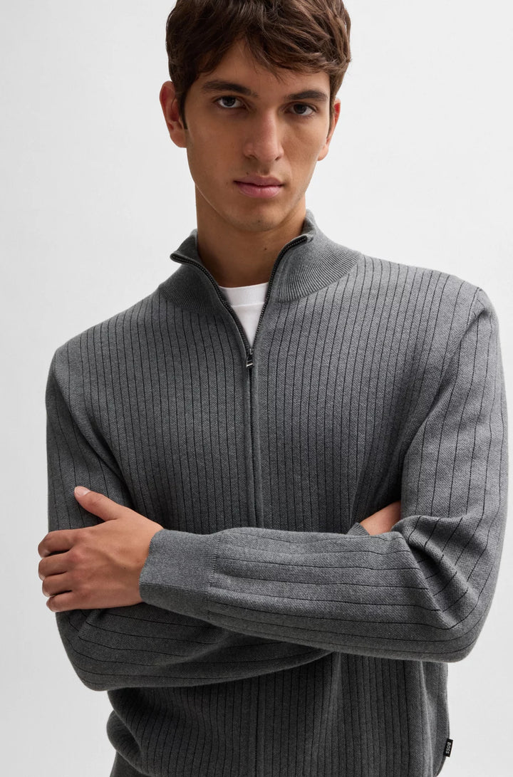 BOSS Zip-up cotton cardigan with knitted pinstripes