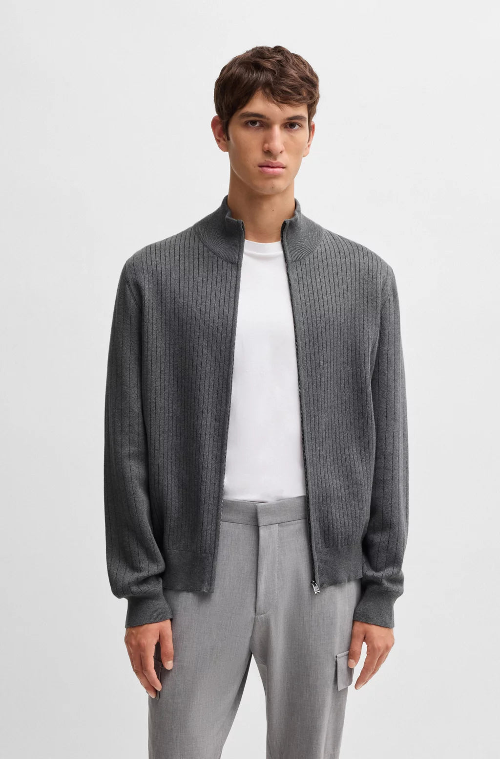 BOSS Zip-up cotton cardigan with knitted pinstripes