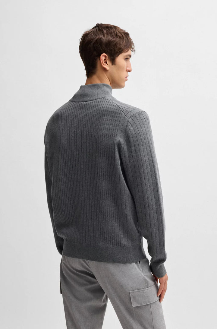 BOSS Zip-up cotton cardigan with knitted pinstripes