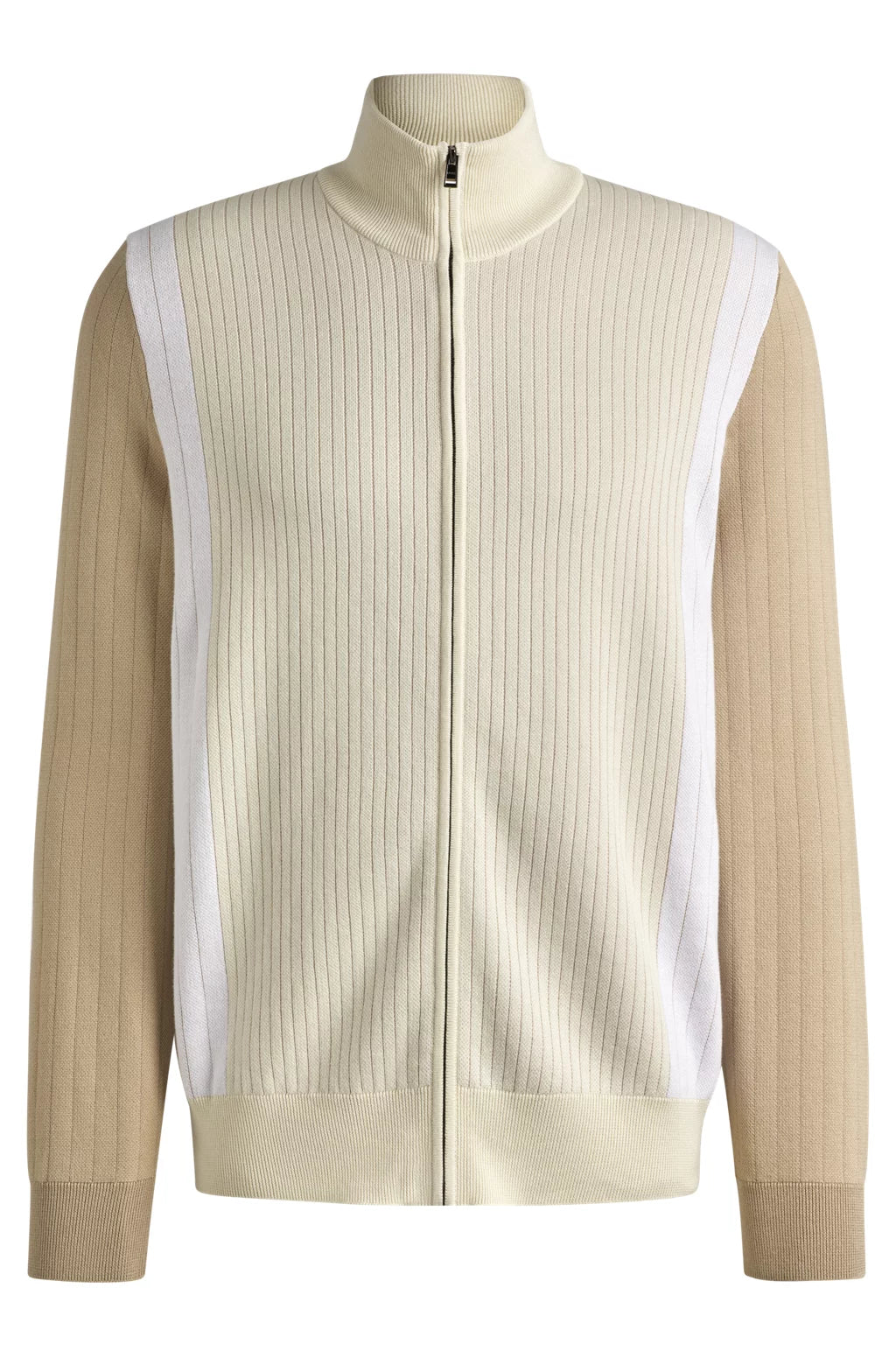 BOSS Zip-up cotton cardigan with knitted pinstripes