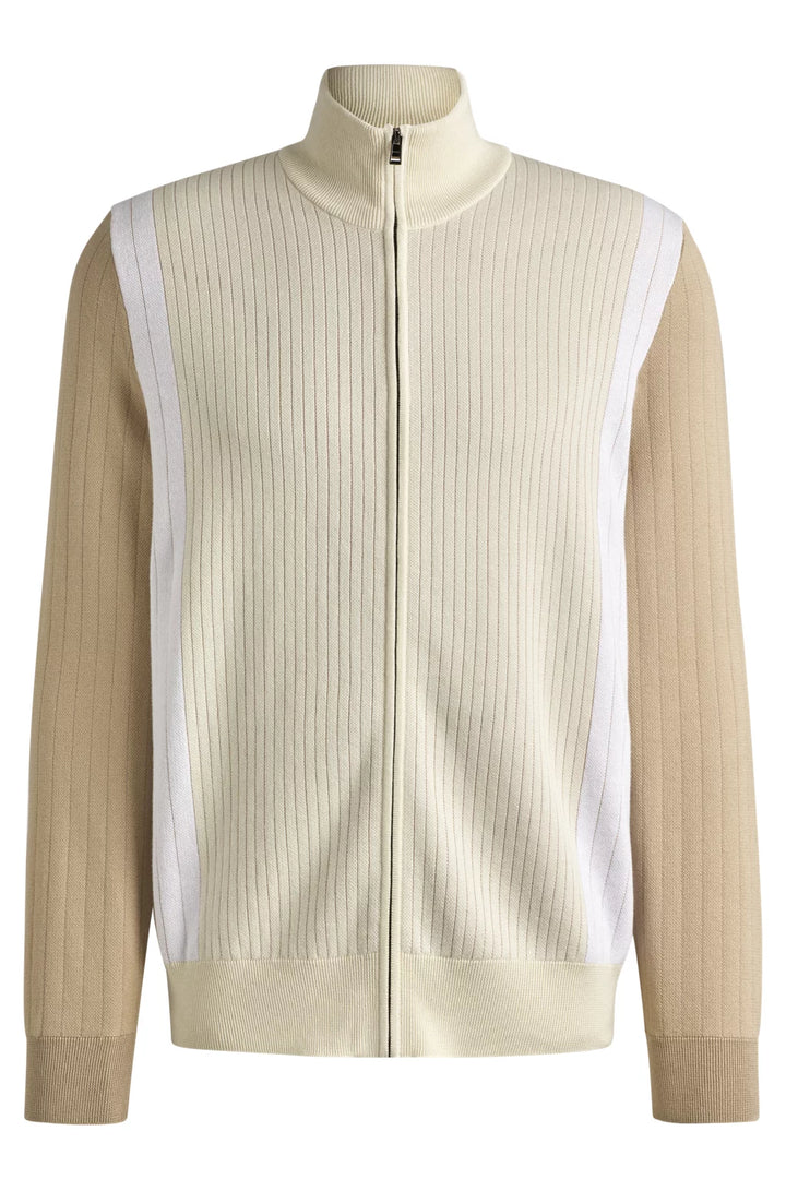 BOSS Zip-up cotton cardigan with knitted pinstripes