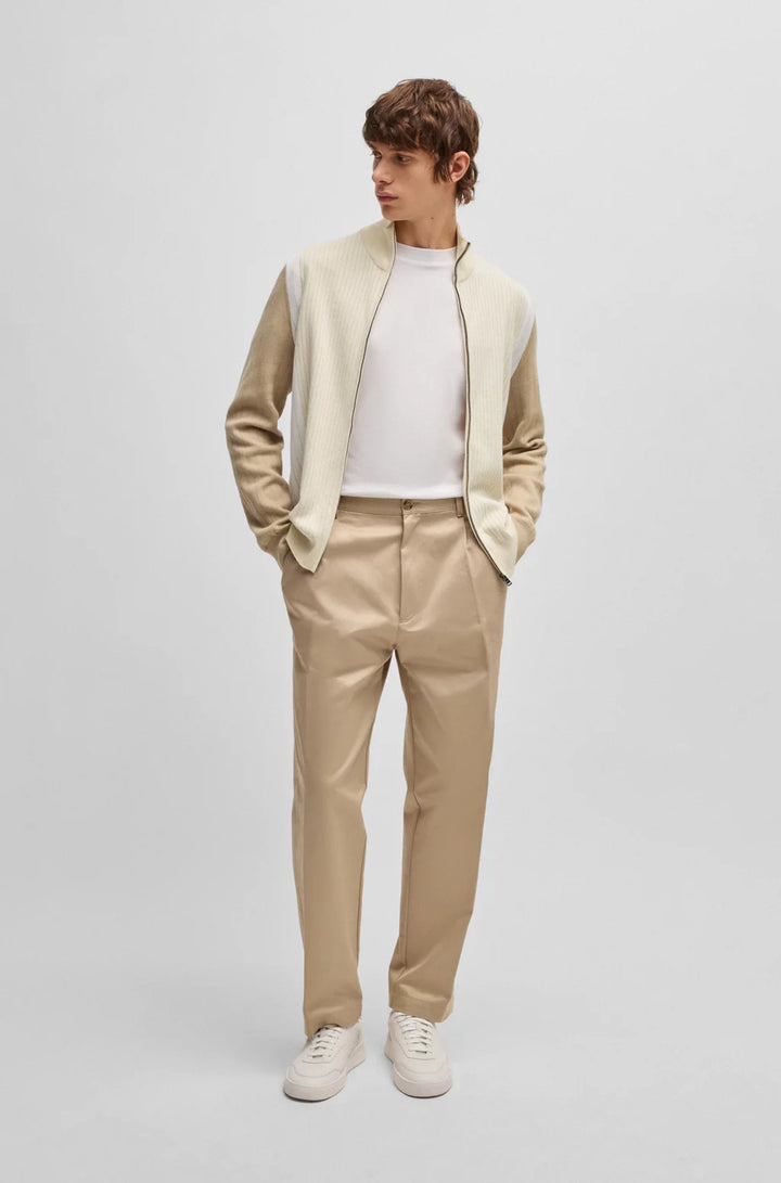 BOSS Zip-up cotton cardigan with knitted pinstripes