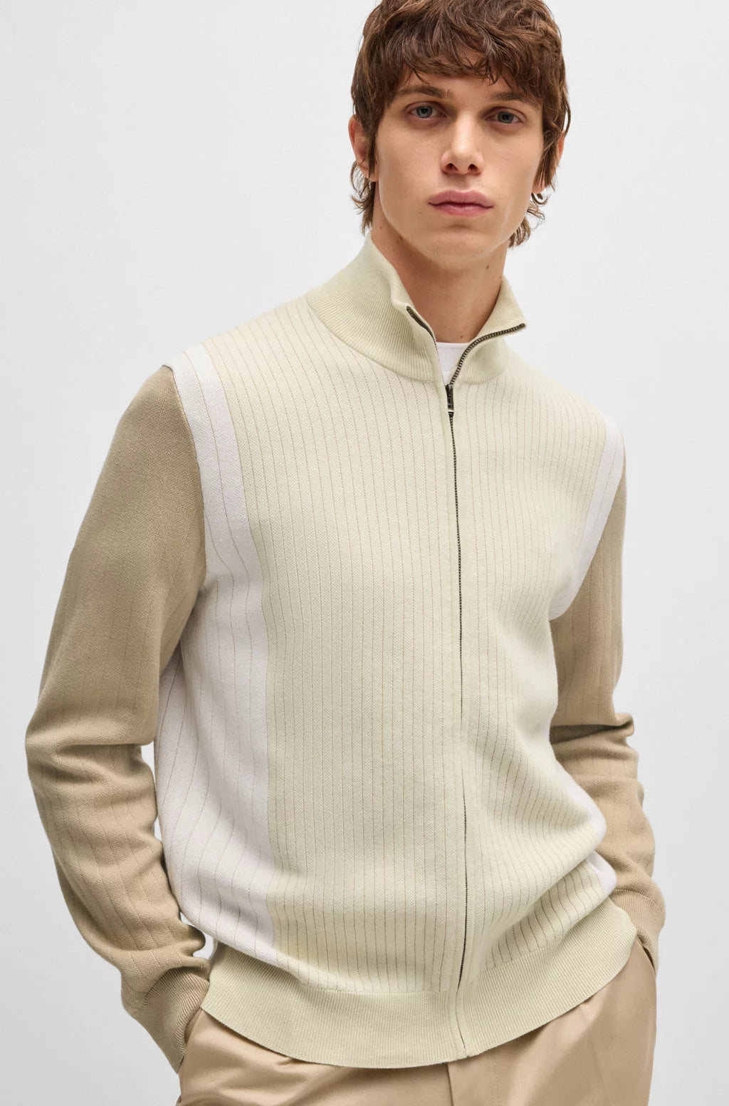 BOSS Zip-up cotton cardigan with knitted pinstripes