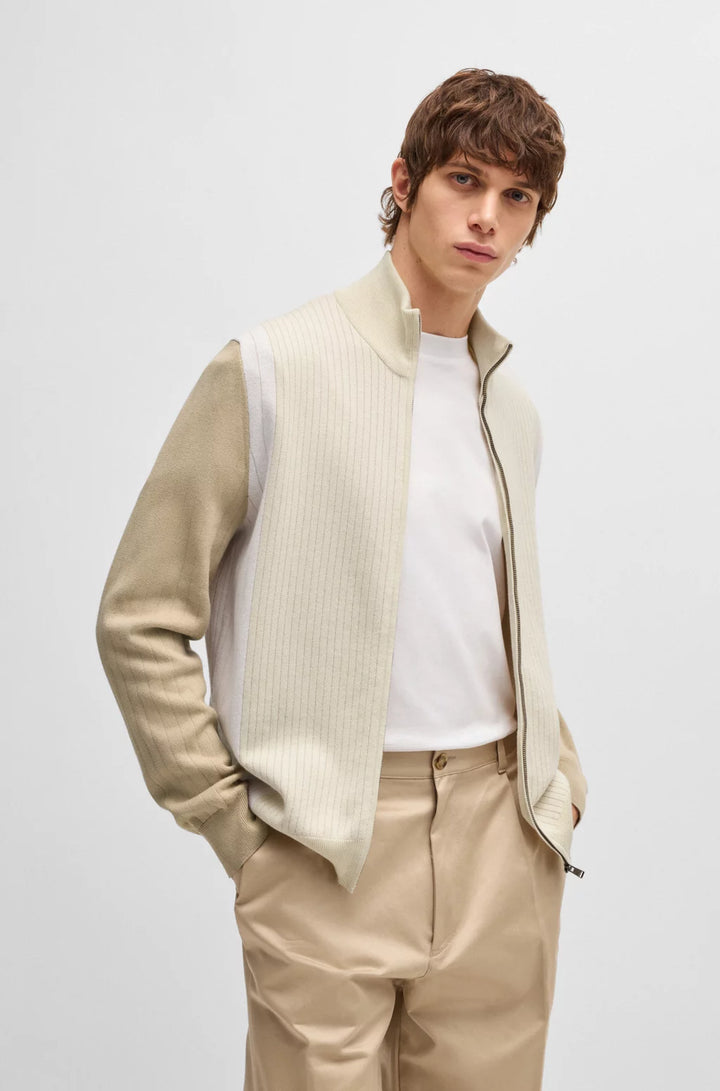 BOSS Zip-up cotton cardigan with knitted pinstripes