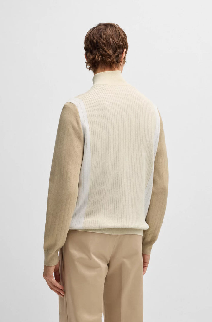 BOSS Zip-up cotton cardigan with knitted pinstripes