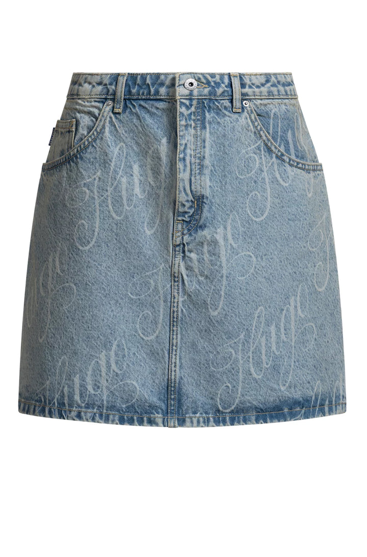 HUGO MINI SKIRT IN LOGO-PRINT RIGID DENIM