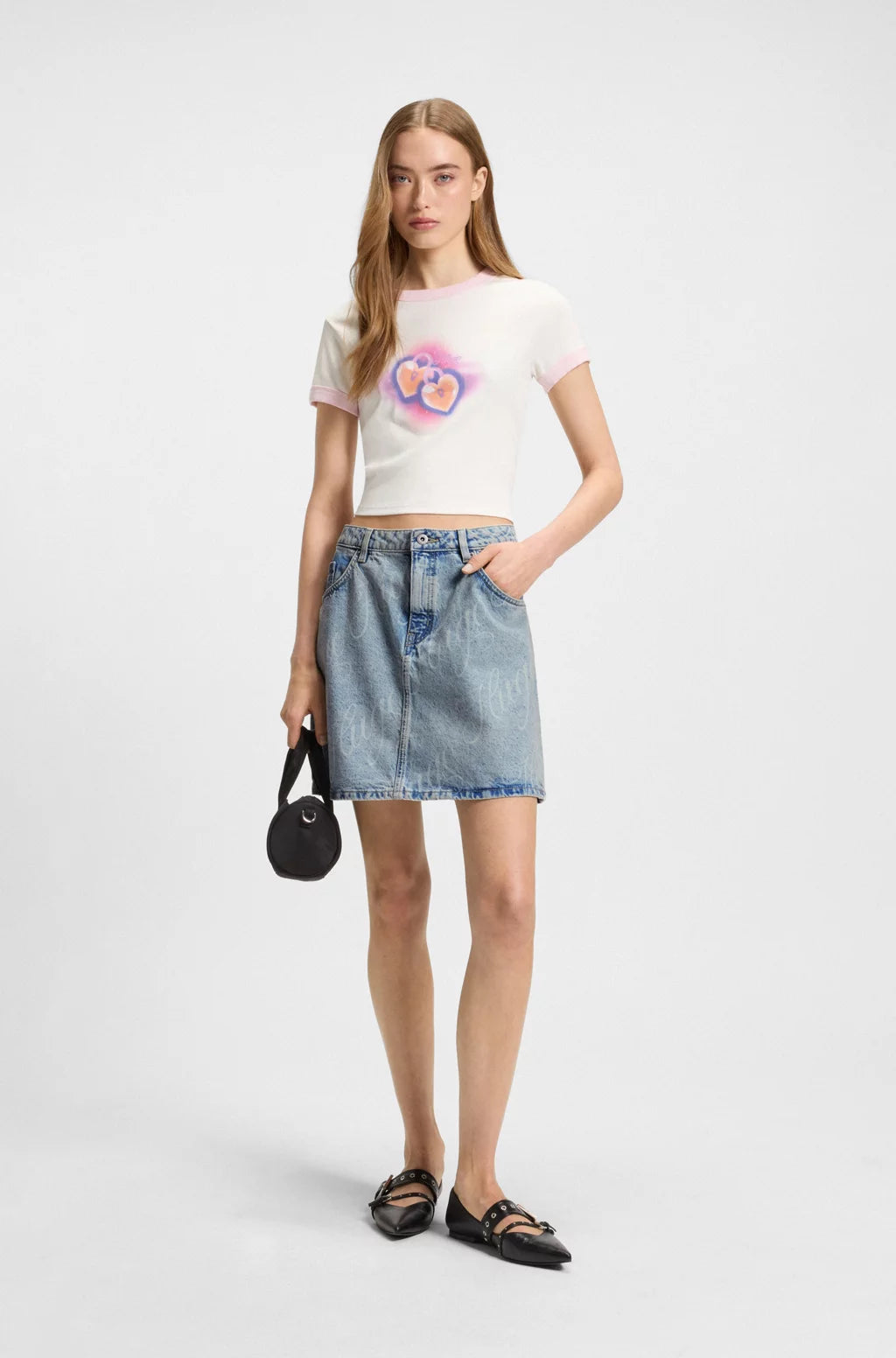 HUGO MINI SKIRT IN LOGO-PRINT RIGID DENIM