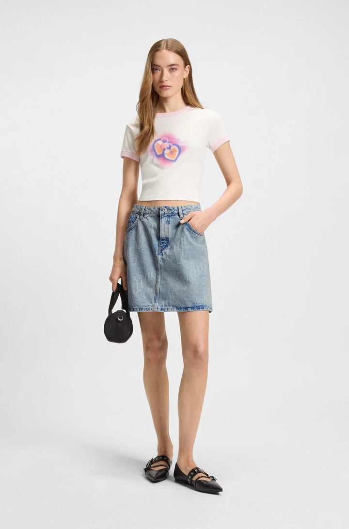 HUGO MINI SKIRT IN LOGO-PRINT RIGID DENIM