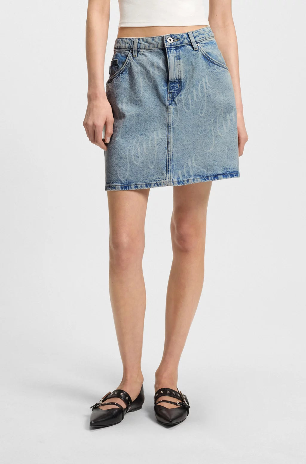 HUGO MINI SKIRT IN LOGO-PRINT RIGID DENIM