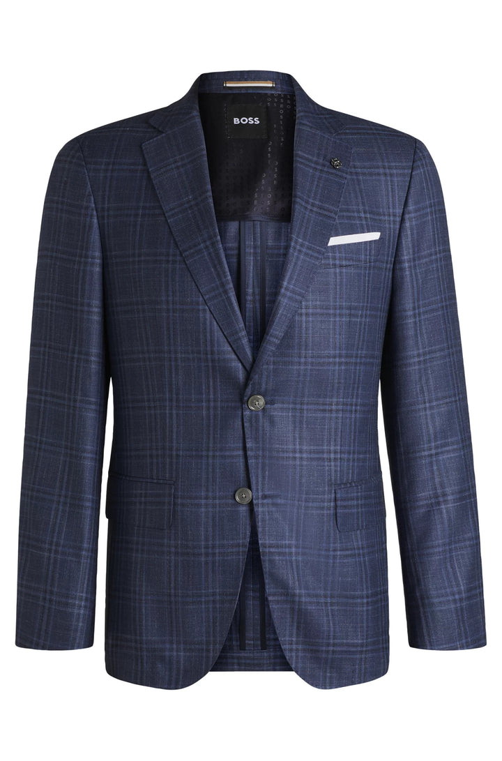 Boss Slim-fit blazer in checked virgin wool, silk and linen