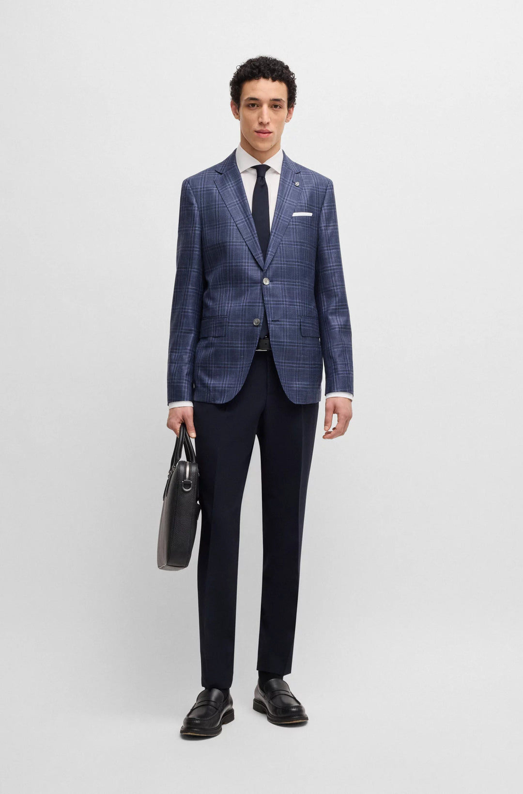 Boss Slim-fit blazer in checked virgin wool, silk and linen